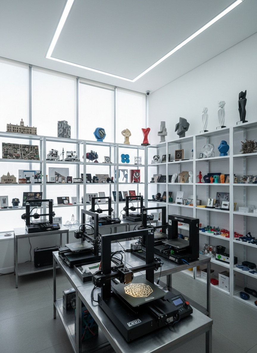 Un estudio de impresión 3D en Santiago de Chile visto en plano general fotográfico, lleno de productos personalizados terminados exhibidos en estanterías modulares blancas. Se ven maquetas urbanas que recuerdan el centro de la ciudad, rótulos volumétricos sin texto, trofeos abstractos y piezas decorativas coloridas, todos con superficies suaves y acabados variados mate y brillantes. En el centro, varias impresoras 3D de distinto tamaño sobre mesas metálicas, con una bandeja iluminada que muestra un diseño único en proceso. Luz natural difusa entra por grandes ventanales, complementada por iluminación LED fría del techo, creando un ambiente claro y profesional. Cámara a la altura de los ojos con ligero gran angular, nitidez en todo el espacio, transmitiendo creatividad, capacidad productiva y orden.