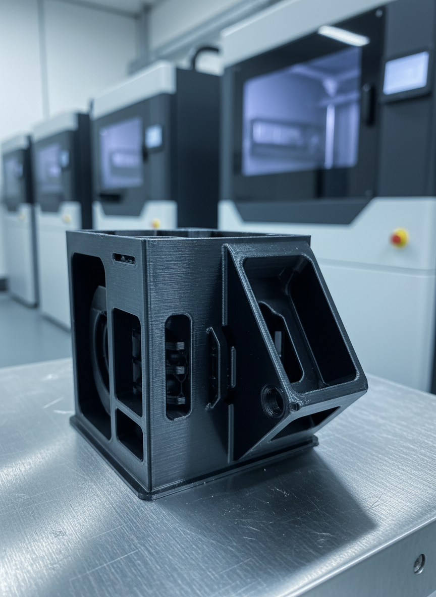 Un close-up fotográfico de una pieza técnica compleja recién salida de una impresora 3D industrial, ideal para mostrar precisión y calidad B2B. La pieza, hecha en material negro con acabado semi-mate, presenta cavidades internas, soportes finos retirados y detalles milimétricos nítidos. Está apoyada sobre una base metálica cepillada, con restos mínimos de polvo de impresión cuidadosamente limpiados. Al fondo, desenfocado, se insinúa el volumen de varias impresoras 3D alineadas en un taller ordenado. Iluminación lateral fría tipo laboratorio, creando contrastes marcados y reflejos sutiles en aristas y curvas. Composición centrada, profundidad de campo muy reducida para enfatizar textura y definición, generando una atmósfera de ingeniería, confianza técnica y alta precisión para proyectos industriales.