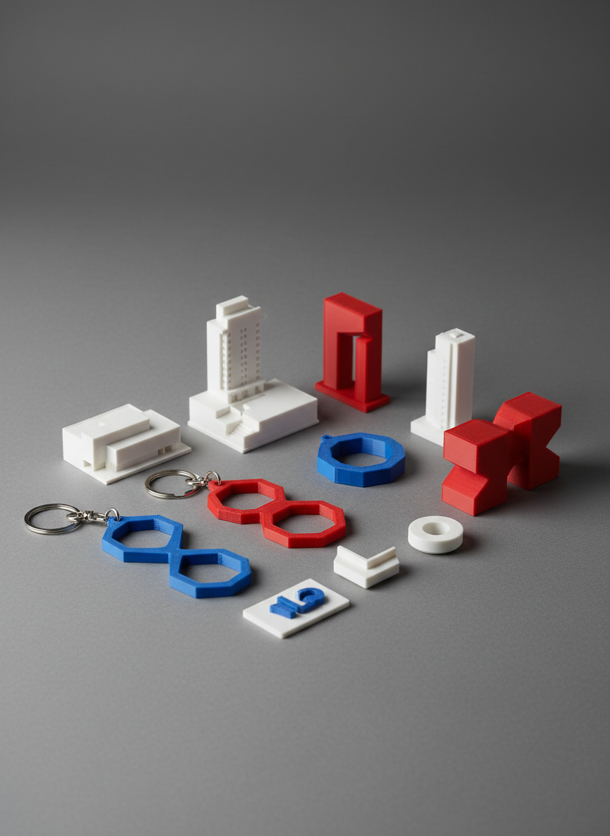 Una composición fotográfica de varios productos 3D personalizados ya terminados sobre una superficie gris grafito, pensada para catálogo de Studio León 3D. Hay una colección de llaveros de formas únicas, pequeñas maquetas arquitectónicas de edificios modernos de Santiago, y piezas corporativas abstractas en colores sólidos rojo, azul y blanco, todas con bordes limpios y acabado mate. La luz de estudio suave desde arriba genera sombras delicadas y resalta el volumen de cada figura. El fondo es neutro y ligeramente degradado, sin texto ni personas, para centrar la atención en los objetos. La cámara se sitúa en ángulo ligeramente elevado siguiendo la regla de los tercios, con enfoque nítido en todo el encuadre, transmitiendo precisión, orden y un servicio profesional orientado al detalle.