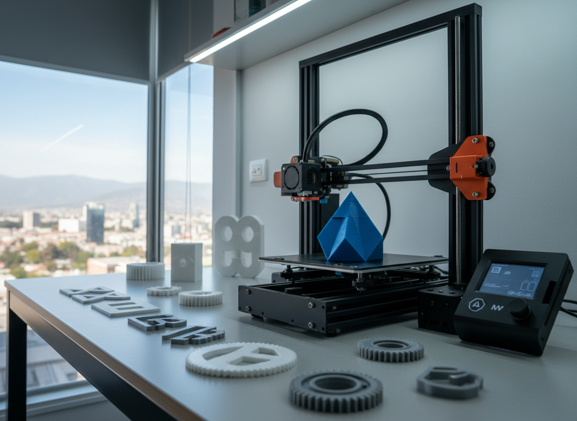 Una mesa de trabajo minimalista en un estudio de impresión 3D en Santiago de Chile, con una impresora 3D FDM negra y naranja en primer plano, captada en realismo fotográfico. En la bandeja se ve una figura geométrica personalizada de color azul cobalto, con capas finas perfectamente definidas y textura ligeramente satinada. Alrededor, varias piezas terminadas en PLA blanco y gris: engranajes, logotipos abstractos sin texto y pequeños prototipos de producto alineados con precisión. Luz natural suave entra por una ventana lateral, mezclada con iluminación fría de taller, creando reflejos nítidos sobre el metal y el plástico. Toma a nivel de mesa con profundidad de campo media, fondo ligeramente desenfocado con vista sugerida de la ciudad, transmitiendo profesionalismo, orden y tecnología accesible.
