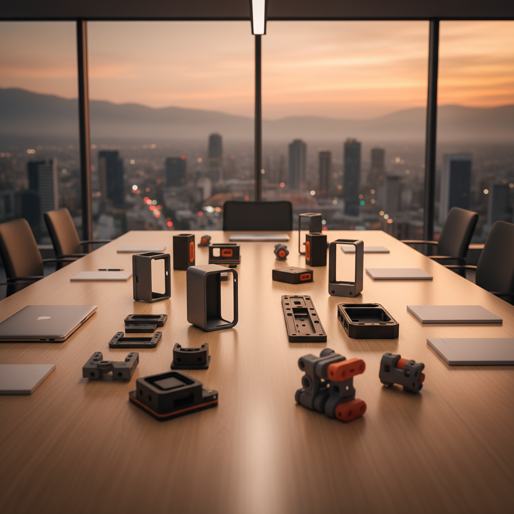 Un entorno empresarial B2B en estilo fotográfico sin personas: una gran mesa de juntas de madera clara en una oficina moderna con vista panorámica difusa de Santiago de Chile al atardecer. Sobre la mesa, una colección organizada de prototipos impresos en 3D: carcasas de dispositivos electrónicos, soportes industriales, piezas mecánicas encajadas como un pequeño conjunto funcional, todas en gris técnico y negro con toques de color naranja. Una laptop cerrada sin logotipo y cuadernos sin texto acompañan la escena. Luz cálida de techo combinada con el resplandor anaranjado del exterior, creando reflejos elegantes sobre el plástico. Toma en gran angular a nivel de mesa, con profundidad de campo moderada, transmitiendo una atmósfera profesional, de negociación técnica y soluciones a medida para empresas.